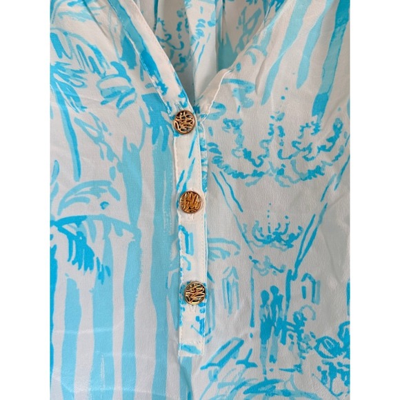 Lilly Pulitzer Top Blouse Blue White Print Sleeve Gold Button Detail Size XXS - Picture 4 of 6